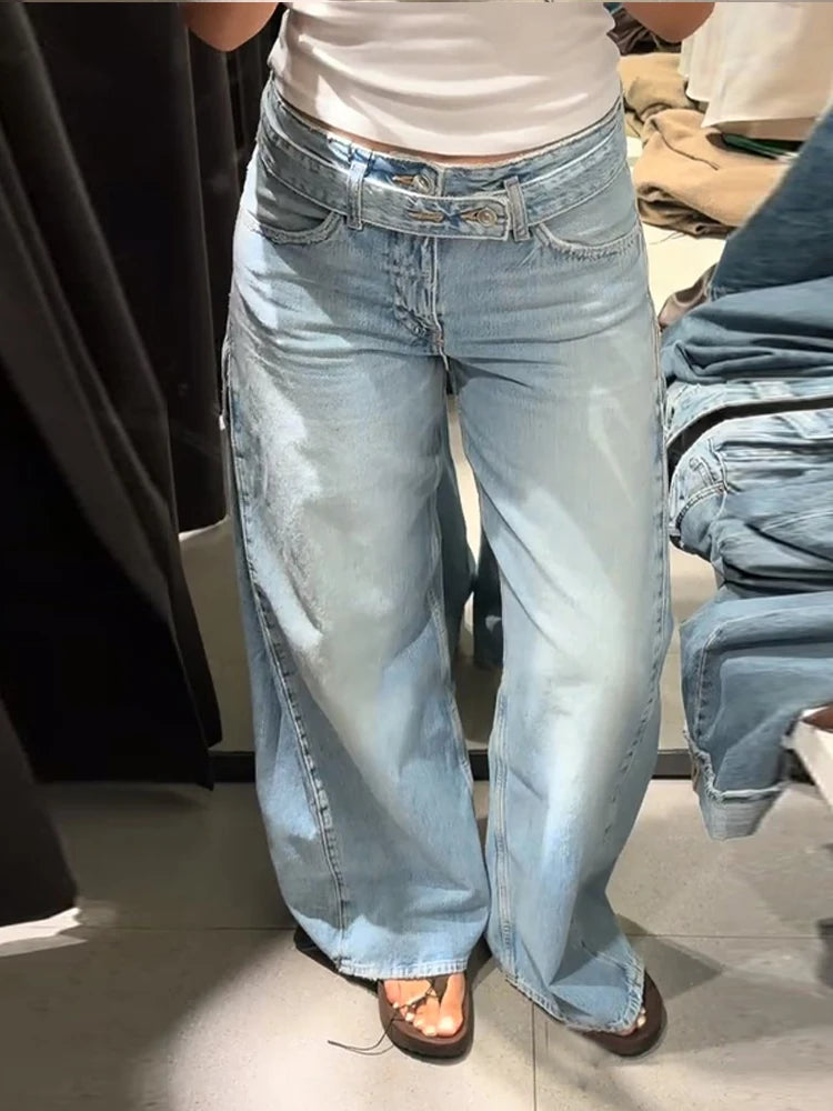 2026 Spring Low Waist Pleated Wide Leg Jeans Light Wash Raw Edge Double Waistband Casual Women Pants Trendy Y2K Lady Trousers