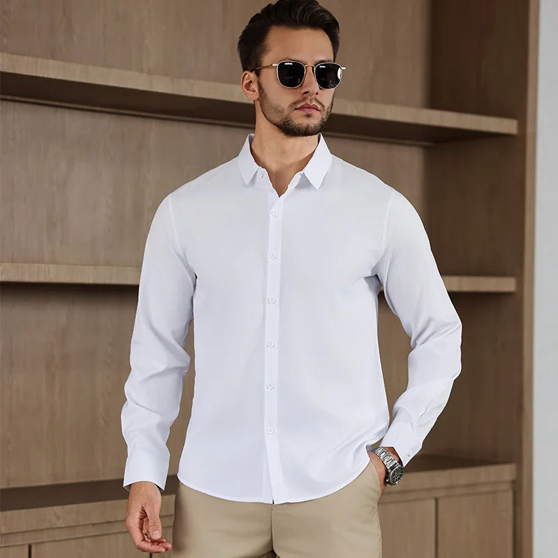 New Men's Business Casual Long Sleeved Solid Color Shirt Wrinkle Resistant Wrinkle Free Comfortable All Season Versatile Top