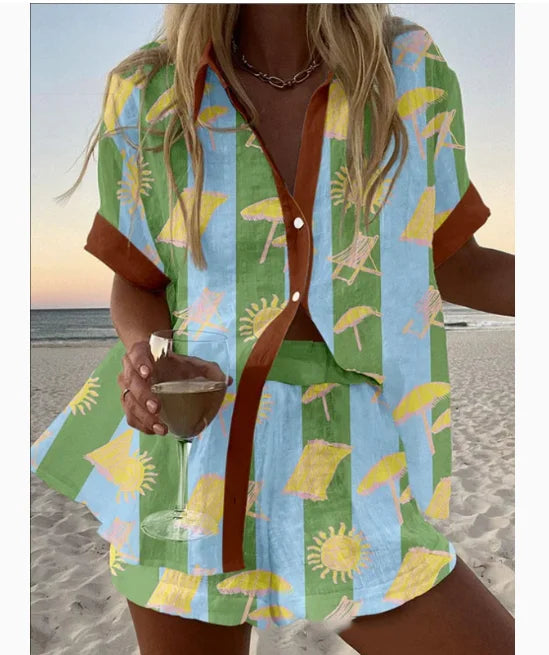 Fashion Print Beach Holiday 2 Piece Set Women Summer Short Sleeve Shirt Top Wide Legs Shorts Women's Oversize Two Piece Outfit