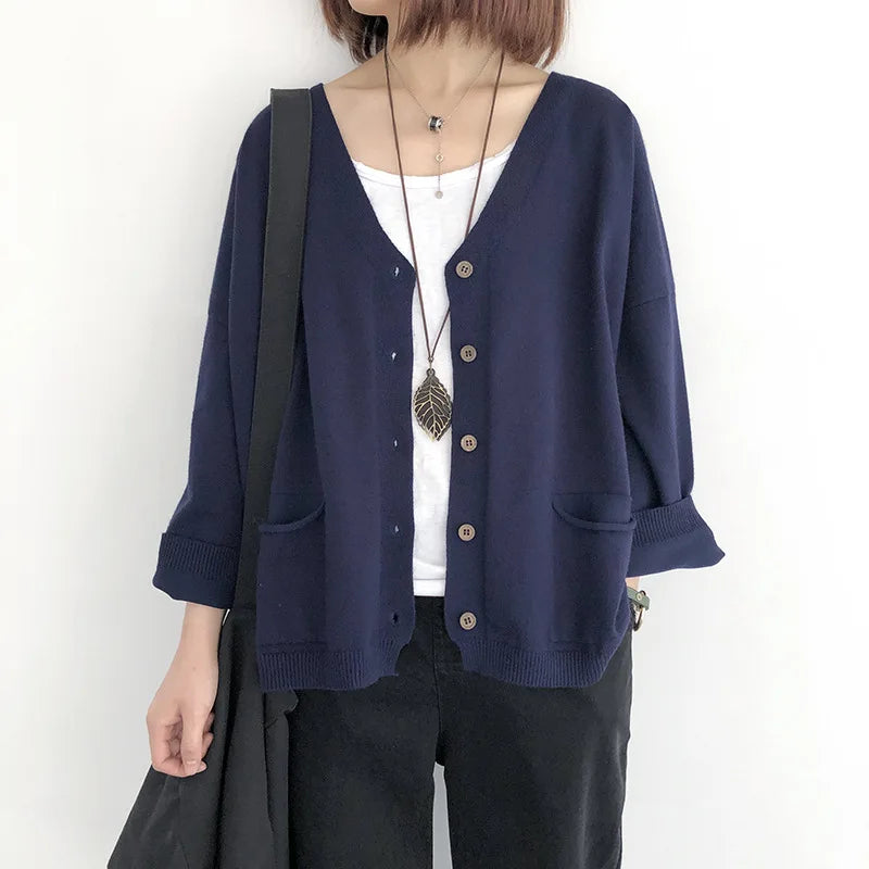 Johnature Women Cardigan Sweaters Solid Color Loose V-Neck Long Sleeve Coats 2025 Autumn New Button Pockets Female Sweaters