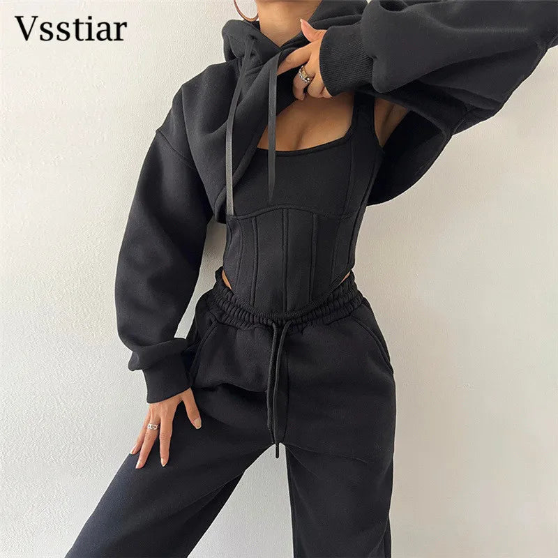 Vsstiar Women Three Piece Set Long Sleeve Hooded Crop Top Irregulary Tanks Pockets Pants Casual Tracksuit Fashion Female Clothes
