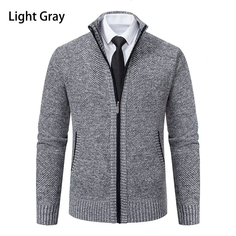 2025 Autumn and Winter New Jersey Men's Casual Sports Coat Solid Color Stand Collar Sweater Grab Fleece Warm Zipper Cardigan
