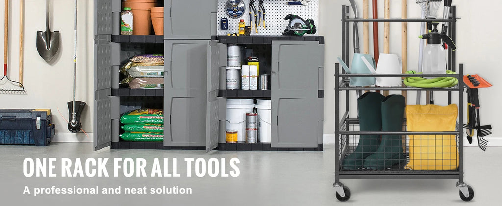 SucceBuy 16 Slots Garden Tool Organizer Yard Tool Tower Rack with Hooks Wheels Long-Handled Rake Stand Holder for Garage Storage