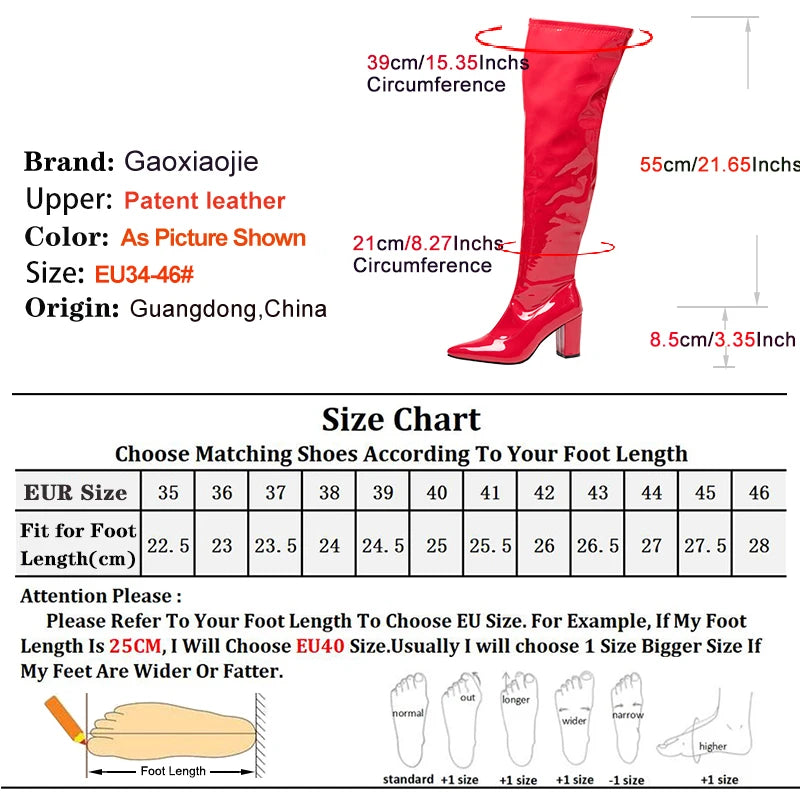 New Red Thigh High Women Boots Side Zip Pointed Toe Winter Shoes Elastic Patent Leather Over-the-Knee Boots Plus Size 44 45 46