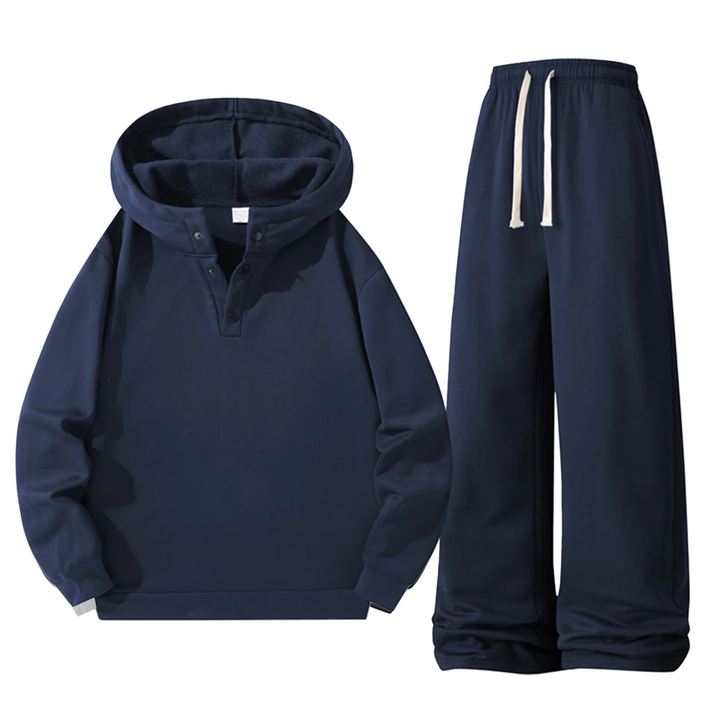 Men Fleece Lined Tracksuit 2‑Piece Set Henley Button Hoodie Sweatshirt Wide Leg Sweatpants Casual Warm Outfit 3 Colors Available