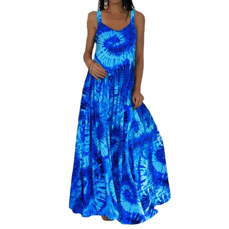 Women's Fashionable Flame Printed Sleeveless Dress  Summer Casual Printed Long Dress