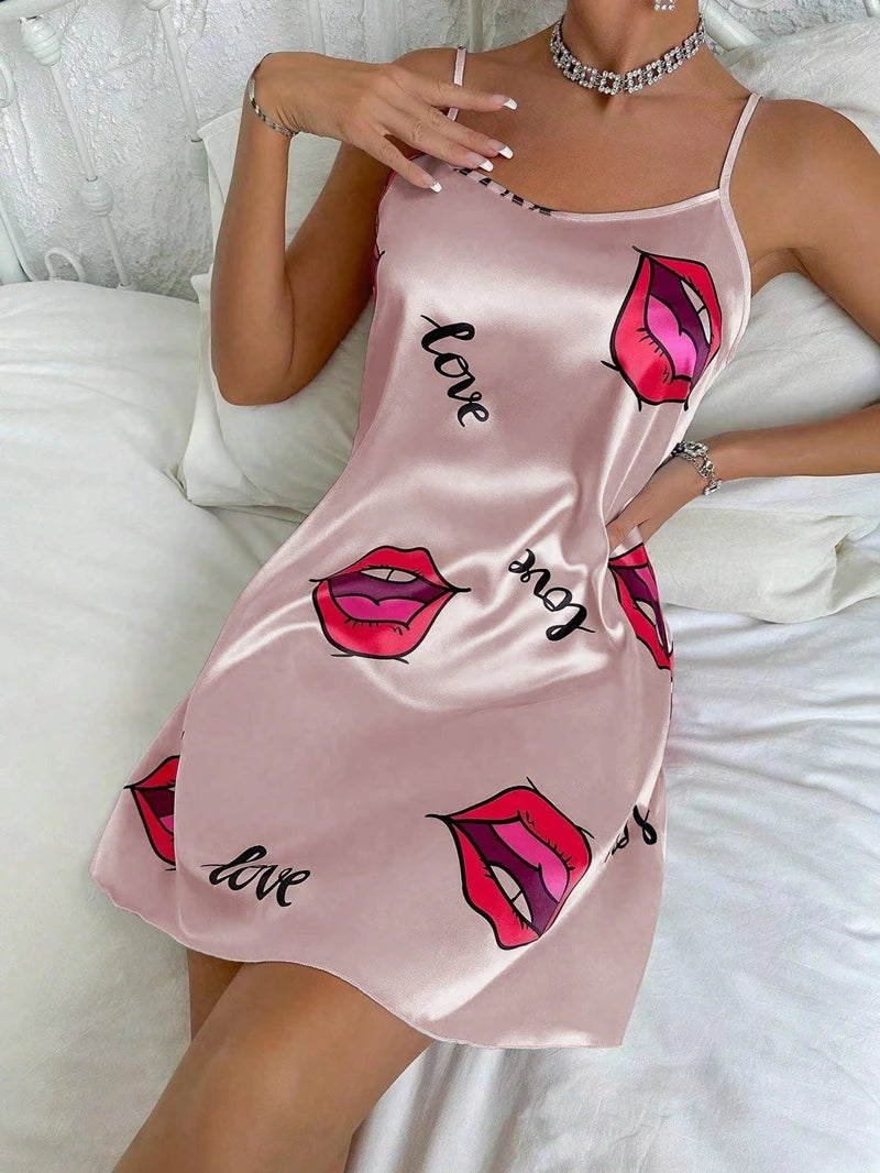 Women's Sleepdress Satin Floral Print Nightdress Comfortable Spaghetti Strap Sleepwear Dress Luxurious Satin Slip Nightdress