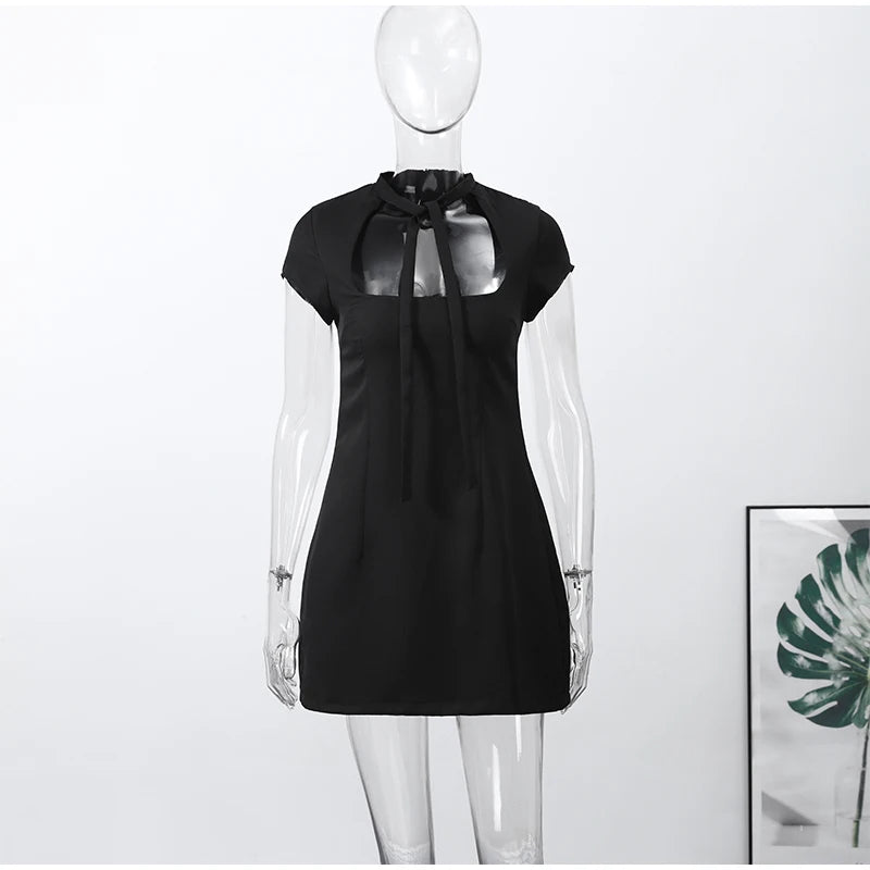 Fashion Lace Up Polka Dot Mini Dress Women Square Collar Short Sleeve Satin Party Dresses2026 Summer Lady Elegant Beach Robe New
