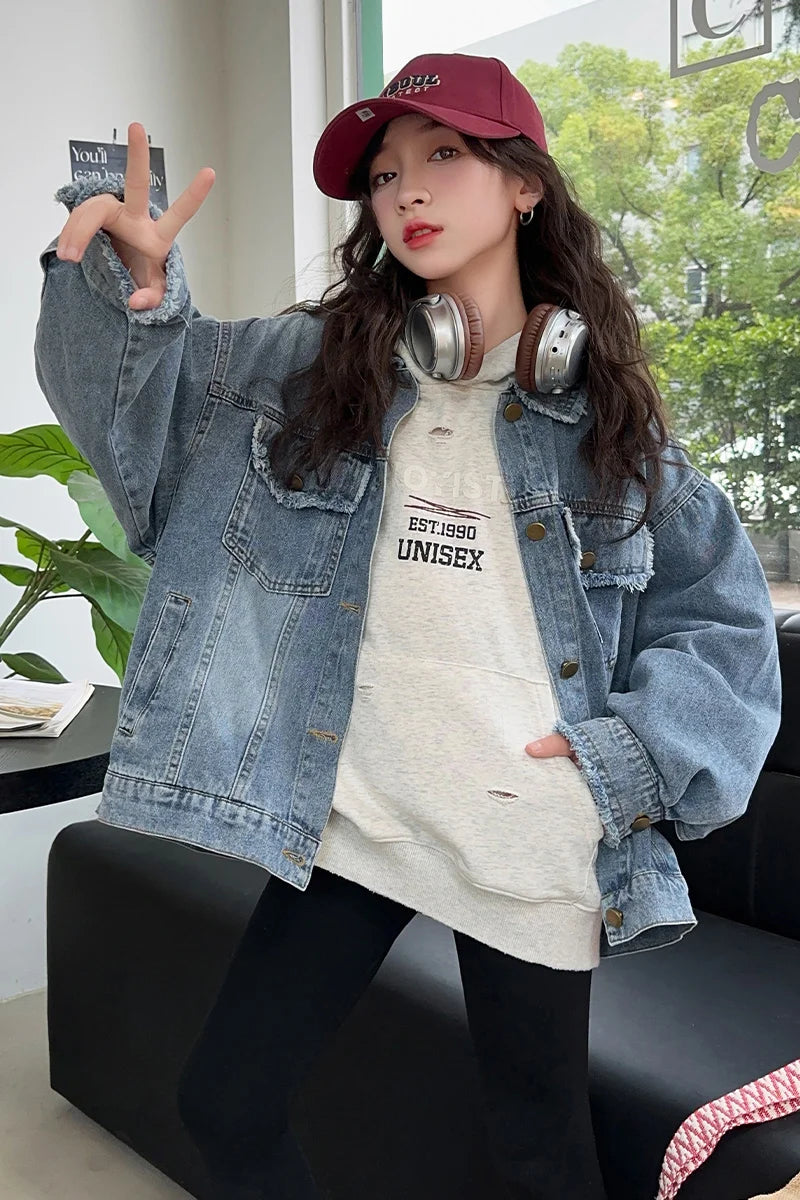 Girls Denim Jacket Spring Autumn 2026 New Style Casual Versatile Loose Button Down Jean Coat Fashion Children's Clothing