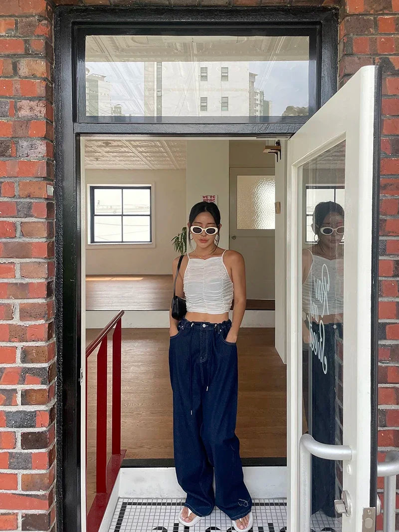 Retro High-waisted Women's Straight Jeans Summer New Fashion Loose Drawstring Design