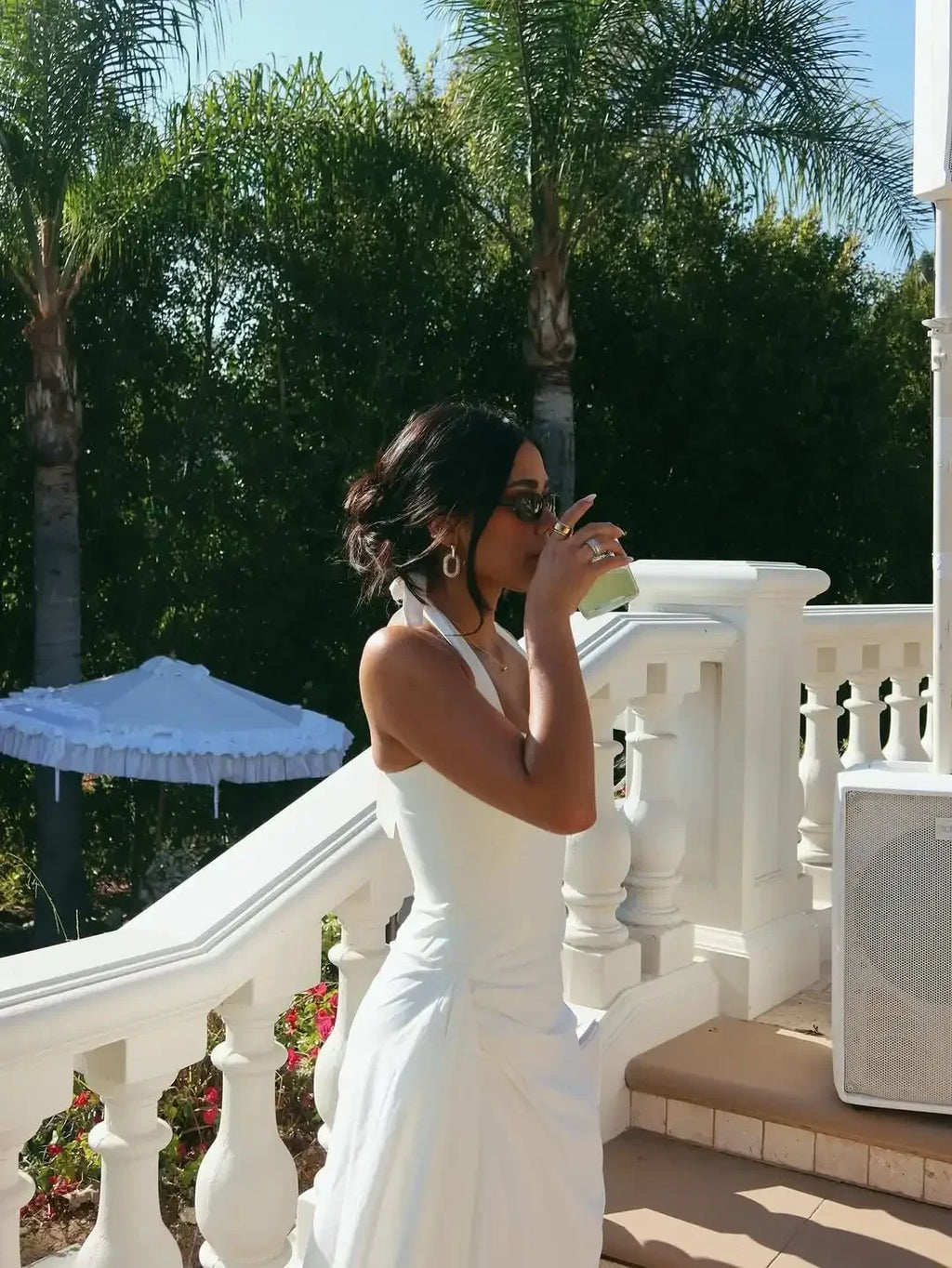 Chic Women White Ruched Waist Maxi Dress Sexy Sleeveless Halter Neck A Line Vestidos Elegant Daily New Party Street Summer Gowns