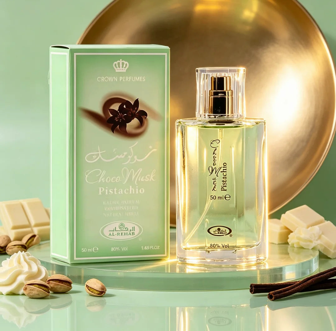 AL ‑ REHAB Choco Musk Pistachio perfume, 50ML, nut pistachios collide with silky chocolate, pistachios, chocolate, milk musk, fresh and delicious flavor,
