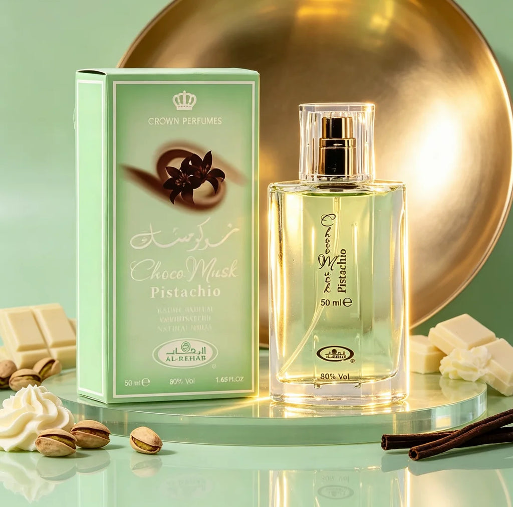 AL ‑ REHAB Choco Musk Pistachio perfume, 50ML, nut pistachios collide with silky chocolate, pistachios, chocolate, milk musk, fresh and delicious flavor,
