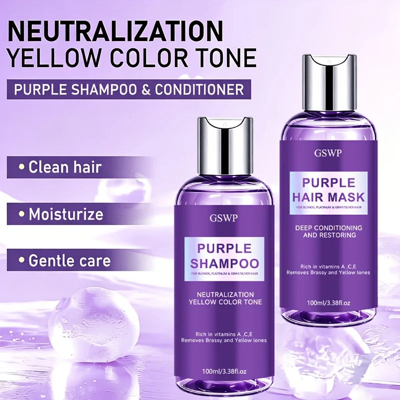 GSWP Purple Shampoo & Hair Mask Set, Neutralize Yellow & Brassy Tones, Deep Conditioning Repair Damaged Hair.100+100ml