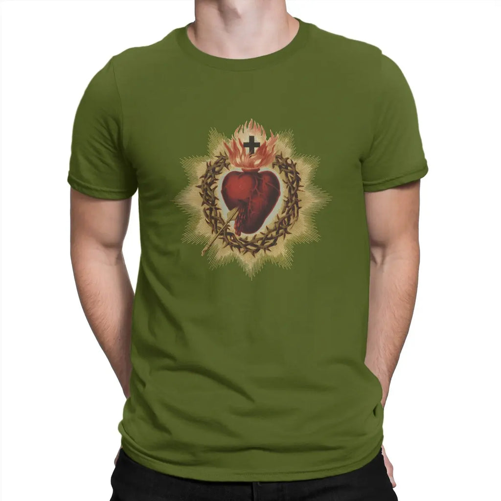 Sacred Heart  Catholic T Shirt Men Cotton Vintage T-Shirt Crewneck Jesus God Cross Tee Shirt Short Sleeve Clothing Gift Idea