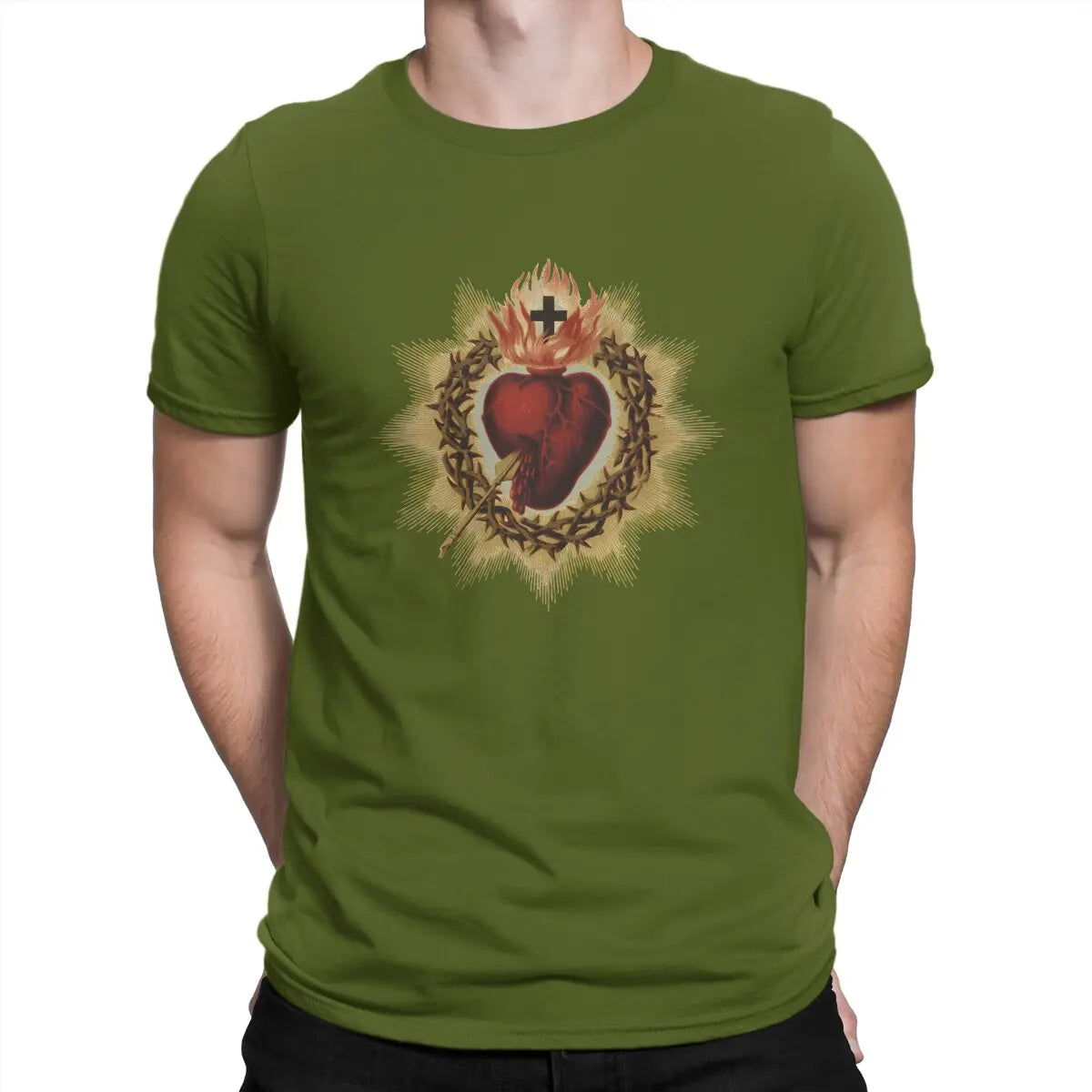 Sacred Heart  Catholic T Shirt Men Cotton Vintage T-Shirt Crewneck Jesus God Cross Tee Shirt Short Sleeve Clothing Gift Idea