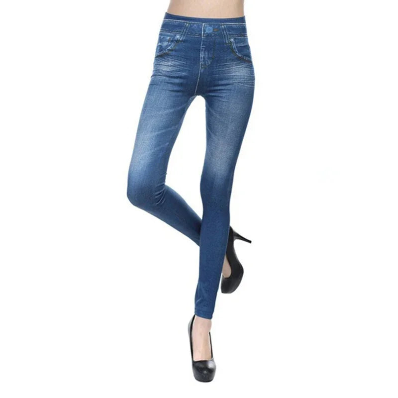 Seamless High Waist Cotton Imitation Denim Women Leggings Hollow Out And Sexy Design Slim Soft Women Pants Elastic Pocket Jeans