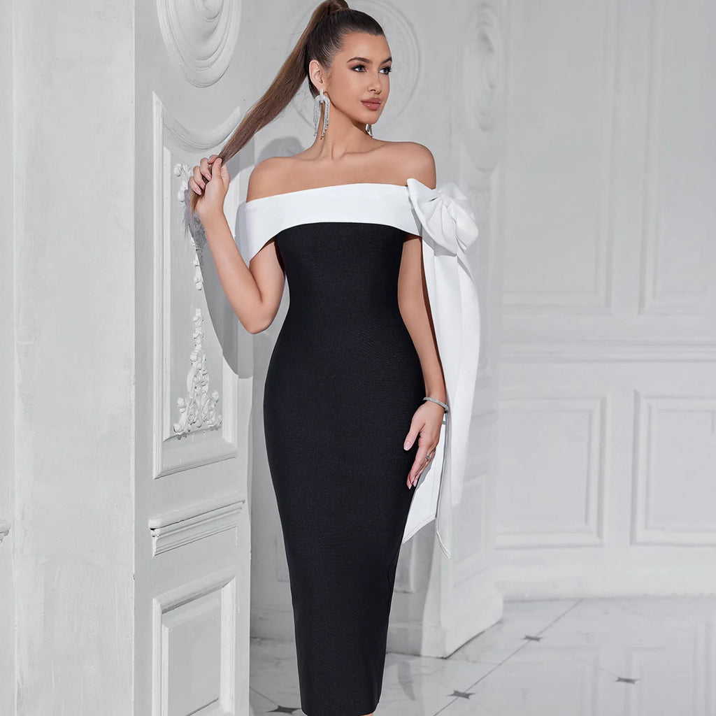 New Sexy Off-shoulder Bowknot Bandage Dress Patchwork Socialite Style Slimming Evening Gown Women's Casual Dresses Beach Boho