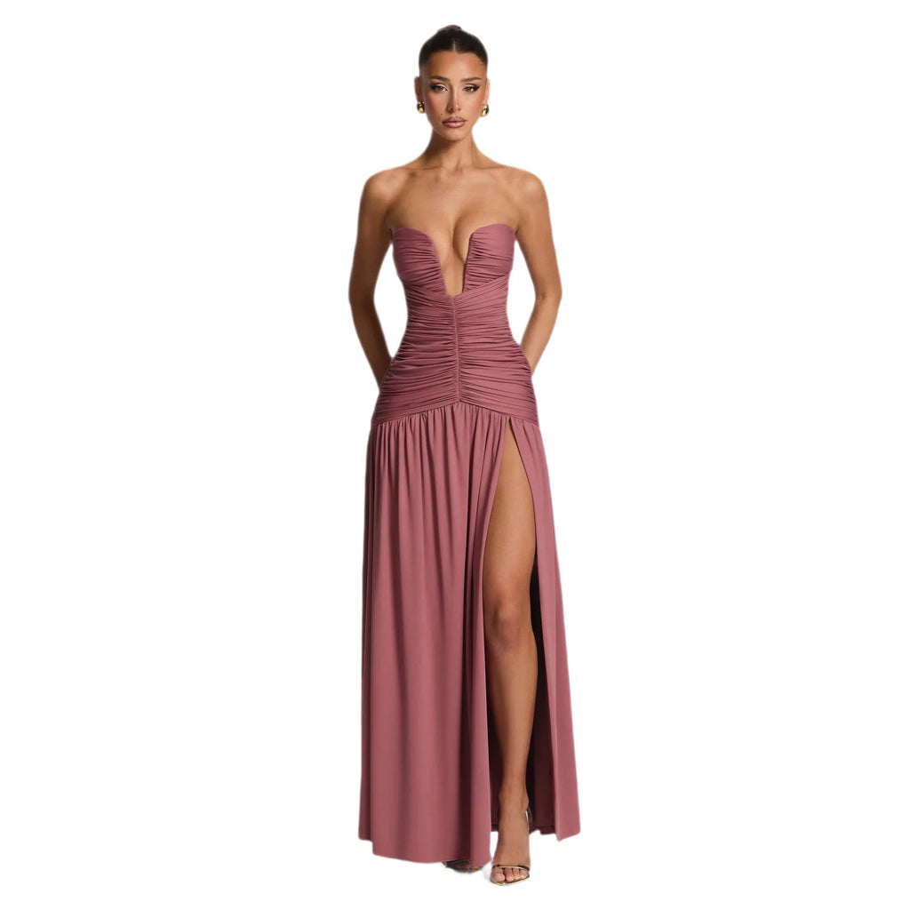 Solid Color Sexy Strapless High Slit Pleated Slim Fit Dress for Birthday Party Dinner Party Graduation Party Dress