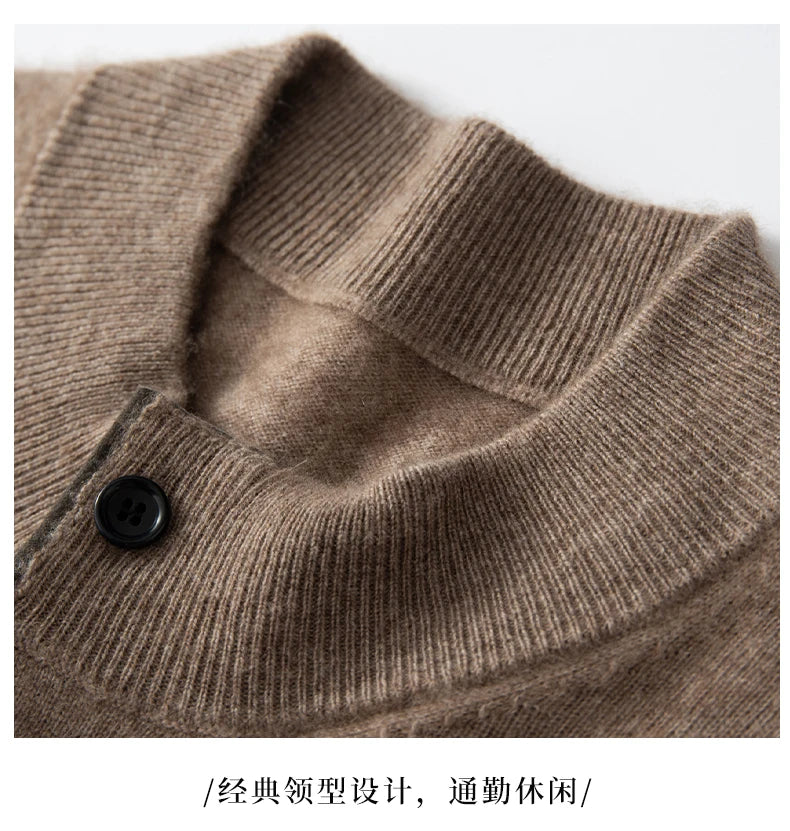 Autumn Winter New Men's Half High Collar Pullover 100% Cashmere Knitted Sweater Casual Business Solid Color Long Sleeve Clothing