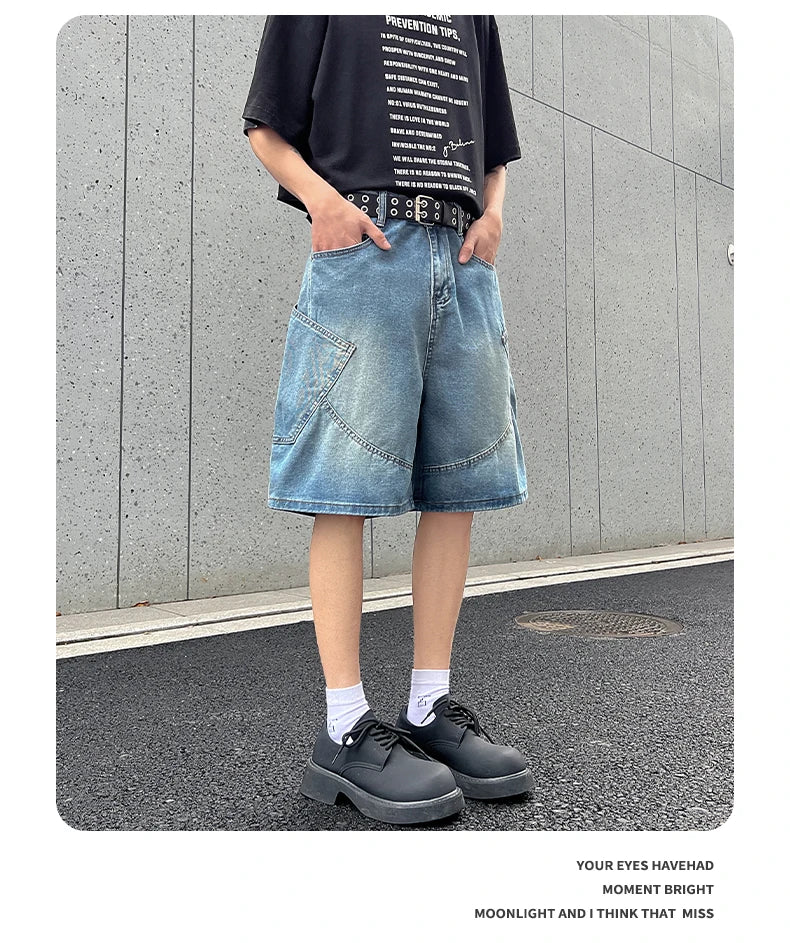 2026 Summer New Baggy Denim Shorts Fashion Casual Straight Harajuku Jeans Male Vintage Wash Drawstring Short Pants Streetwear