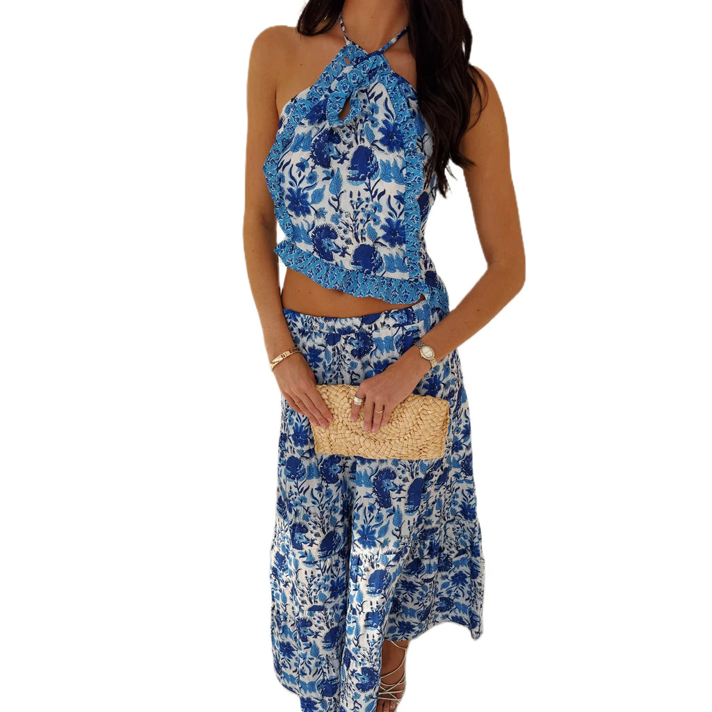 Women Summer Boho 2 Piece Maxi Skirt Sets Y2k Sexy Halter Ruched Cami Tops Tiered Flowy Ruffle Skirts Holiday Beach Outfits