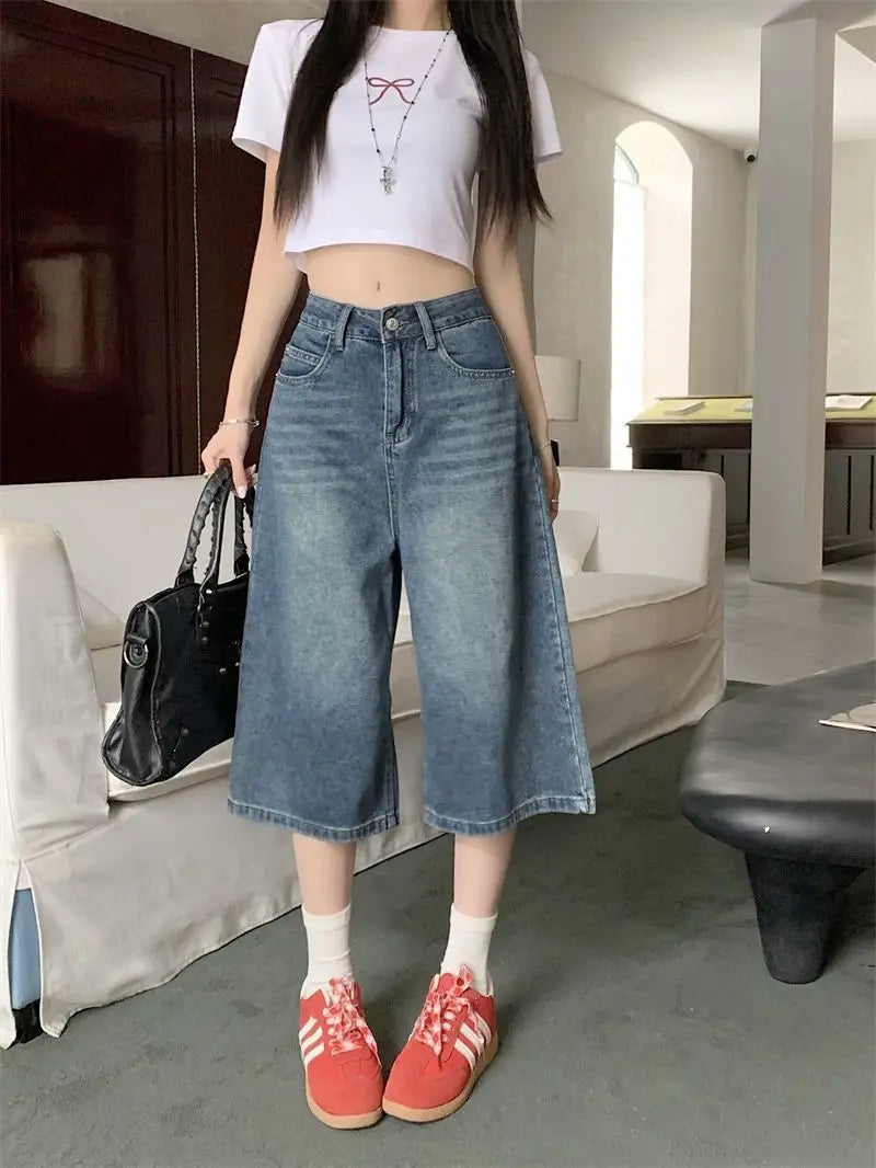Summer American Style Vintage Women Baggy Jeans Y2k Loose Washed High Waist Knee Length Denim Pants Streetwear Wide Leg Shorts