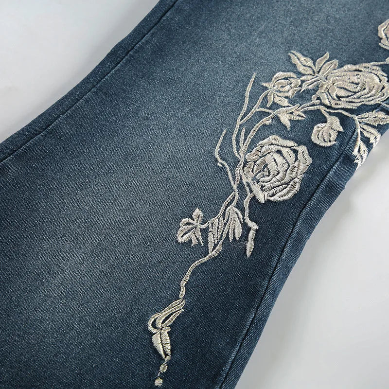 2026 Denim Trousers Y2K Flare Pants Jeans Women Embroidery Boot Cut Low Waist Washed Distressed Pockets Floor Length Streetwear