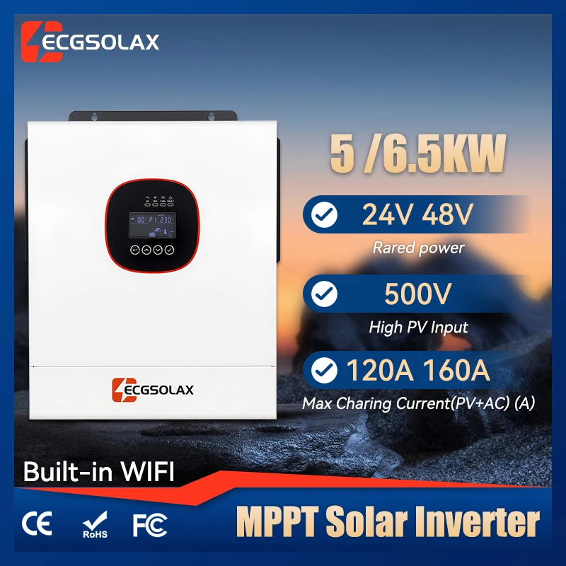 ECGSOLAX 6.5KW 5KW Hybrid Solar Inverter Pure Sine Wave 24V 48V 230V Off Grid Inverter 160A 120A Mppt Solar Controller With WIFI