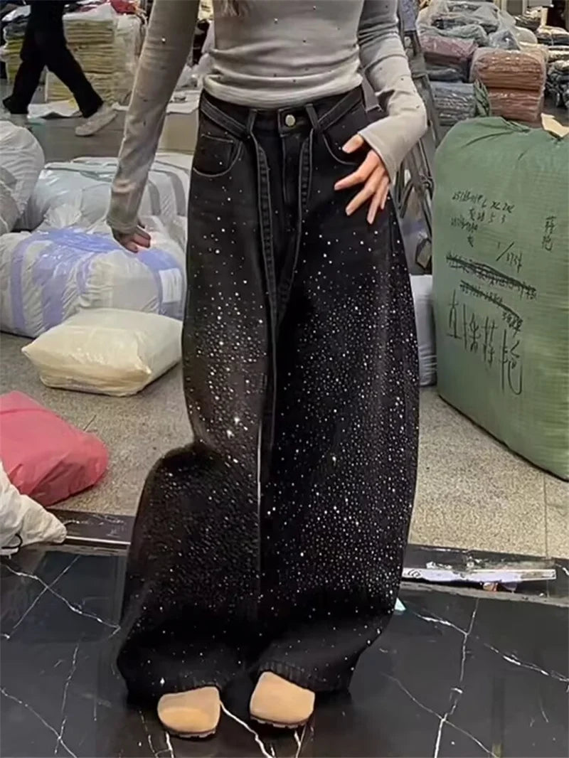 Korean Loose Women Denim Pants 2026 New Autumn Winter Retro Hot Diamond Long Cowboy Trousers Ladies Casual Streetwear Jeans