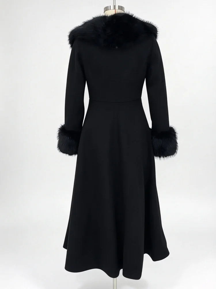 Women Detachable Faux Fur Collar Long Wool Blend Elegant A‑line Maxi Dress Coat Winter Vintage Luxury Slim Fit Wedding Outerwear