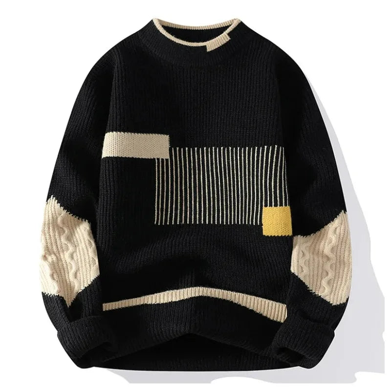 KIDWHXR 2026 Autumn Winter Men Sweaters Contrast Color Round Neck Male Knitted Tops Loose Long Sleeve Man Casual Pullovers