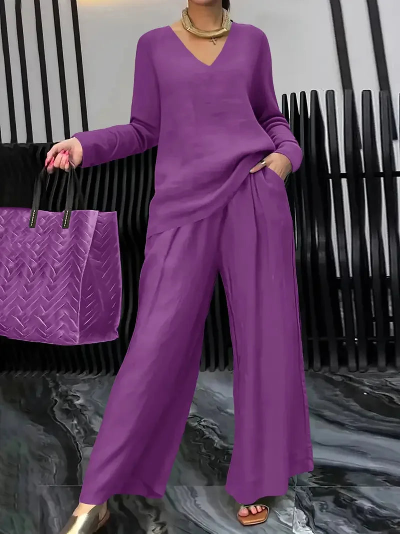 Summer New Pant Sets Fashionable V-neck Top+ Long Pants 2 Piece Set 2026 Women's Casual Loose Outfit Two Pieces Set Female Suit