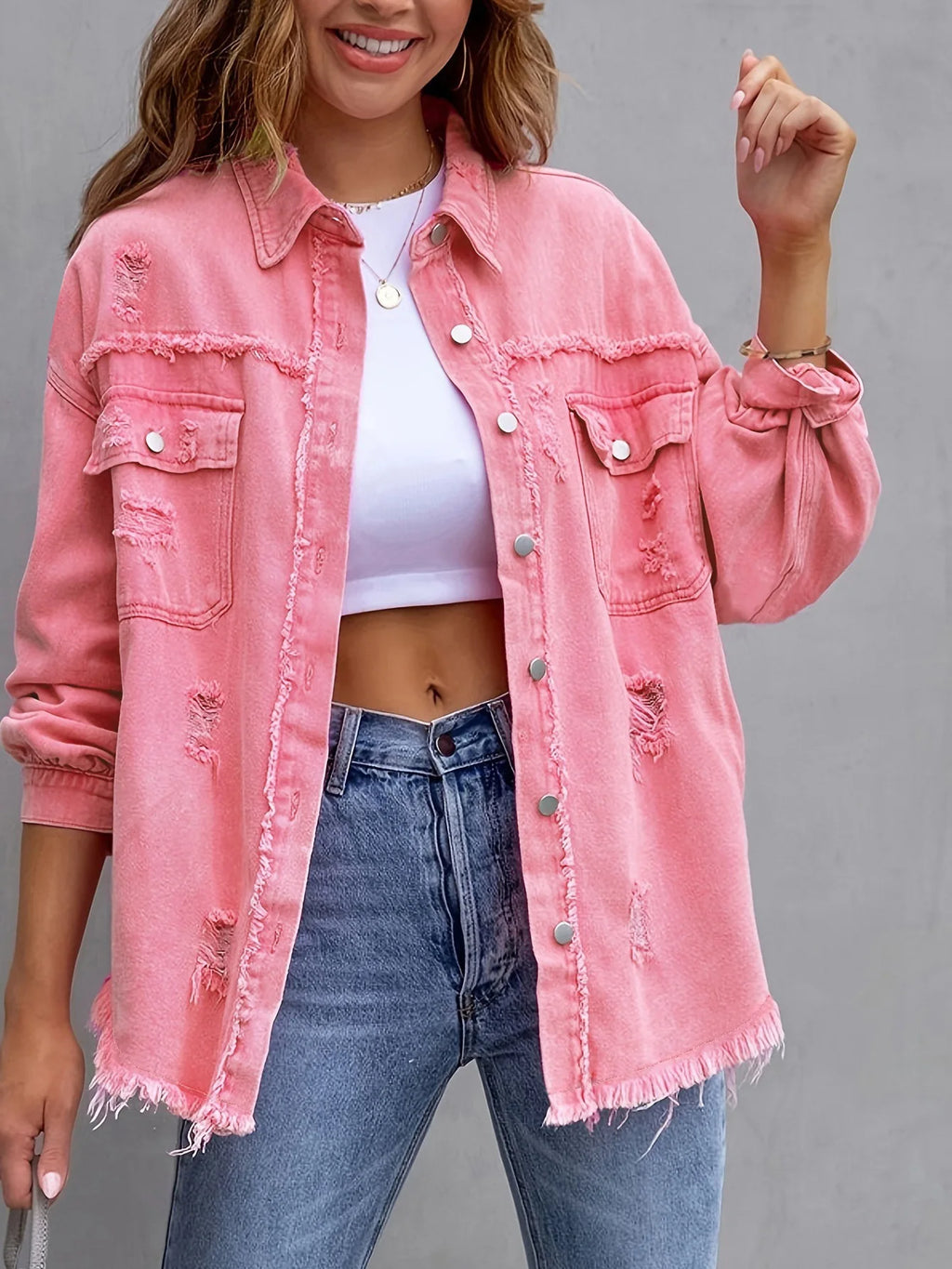 Women's Fashionable Solid Color Mid-Length Ripped Denim Jacket Long-Sleeved Spring Autumn Trend