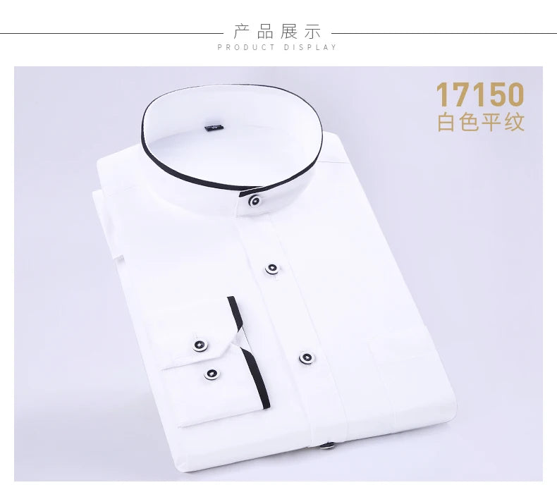 Men's Stand Up Collar Shirt Classic Round Neck Slim Fit Vertical Collar Long Sleeved White Shirt