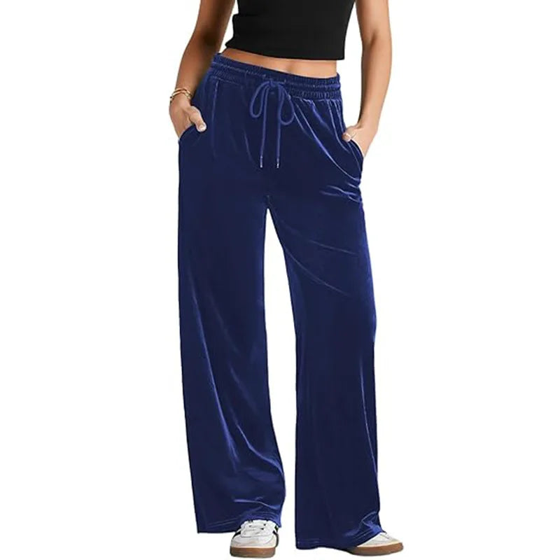 Women's High Waist Velvet Wide Leg Pants Drawstring Elastic Waist Loose Casual Trousers Autumn Winter Solid Color Long Pants B