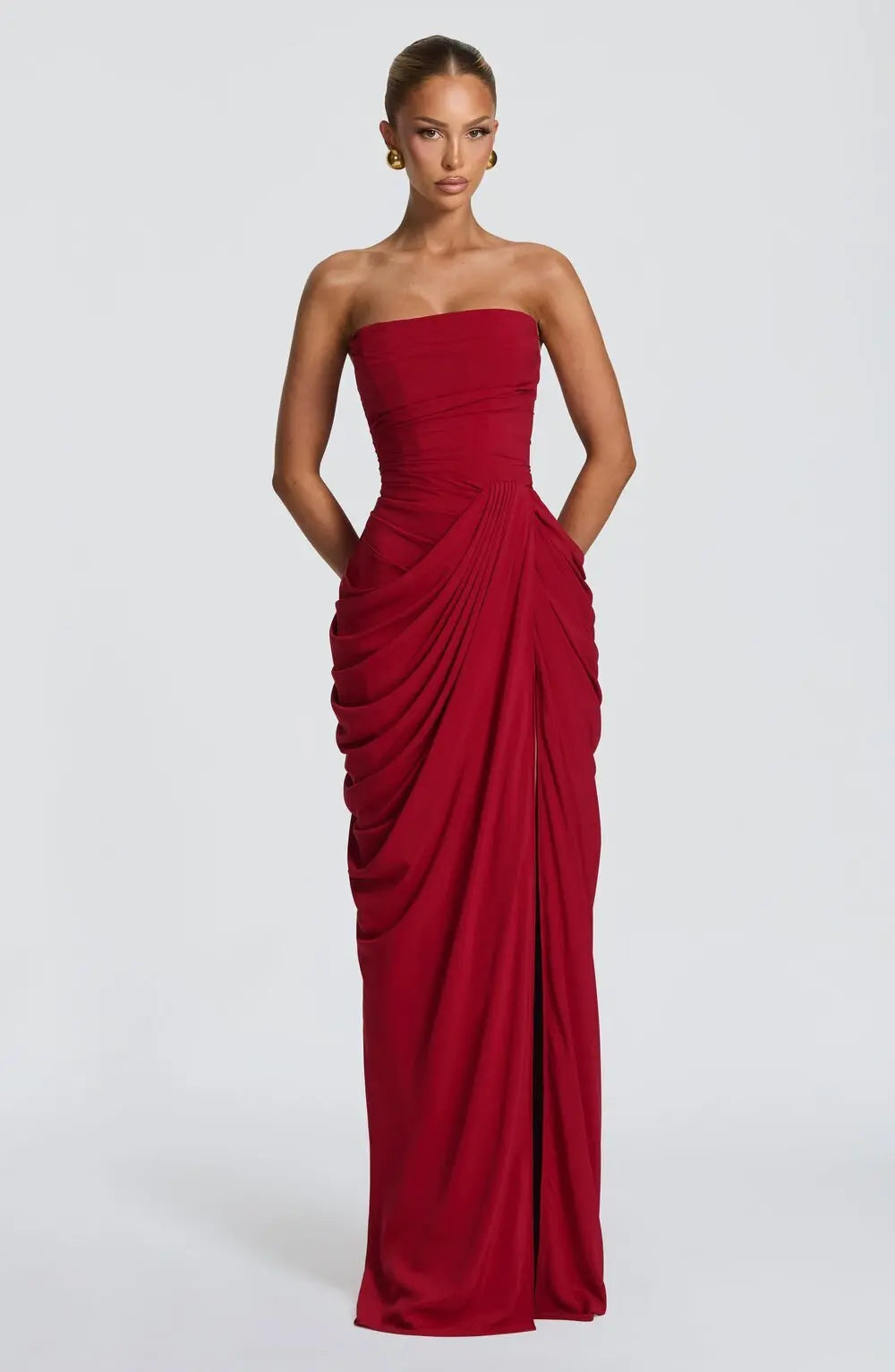 Elegant Backless Long Skirt Solid Color Simple High-Grade Waist Side-Opening Design Sexy Dinner Dress Celebrity Style
