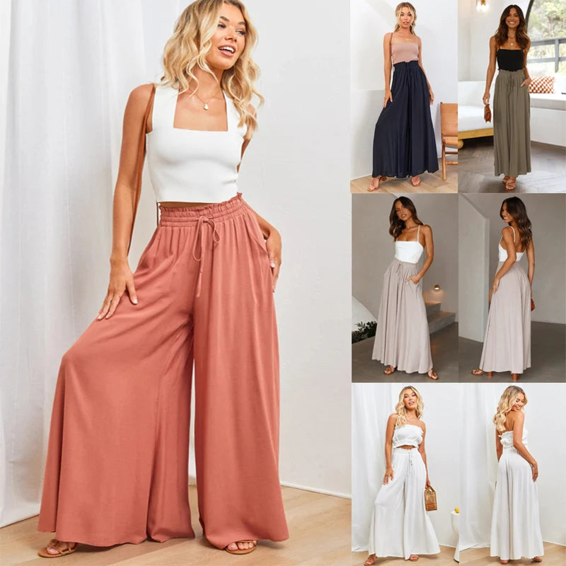 Summer Women's Wide Leg Pants With Elastic Waistband