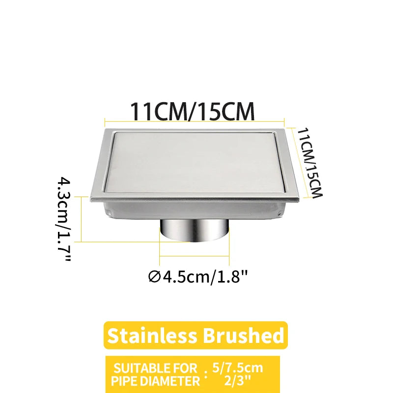 Square Shower Drain Tile Insert Anti Odor Stainless Steel Floor Drain Kit with Removable Grate Cover Hair Strainer Black Gold