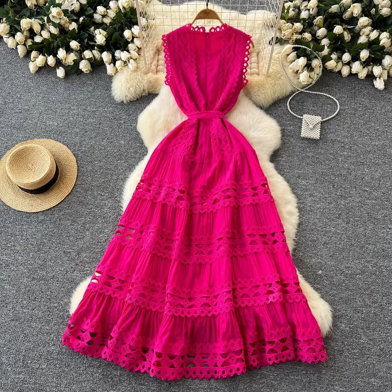 Sexy Hollow Out Embroidery O Neck Sleeveless Bandage Long Dresses Chic Evening Party Summer Vestidos Women Hip Wrap Clothing