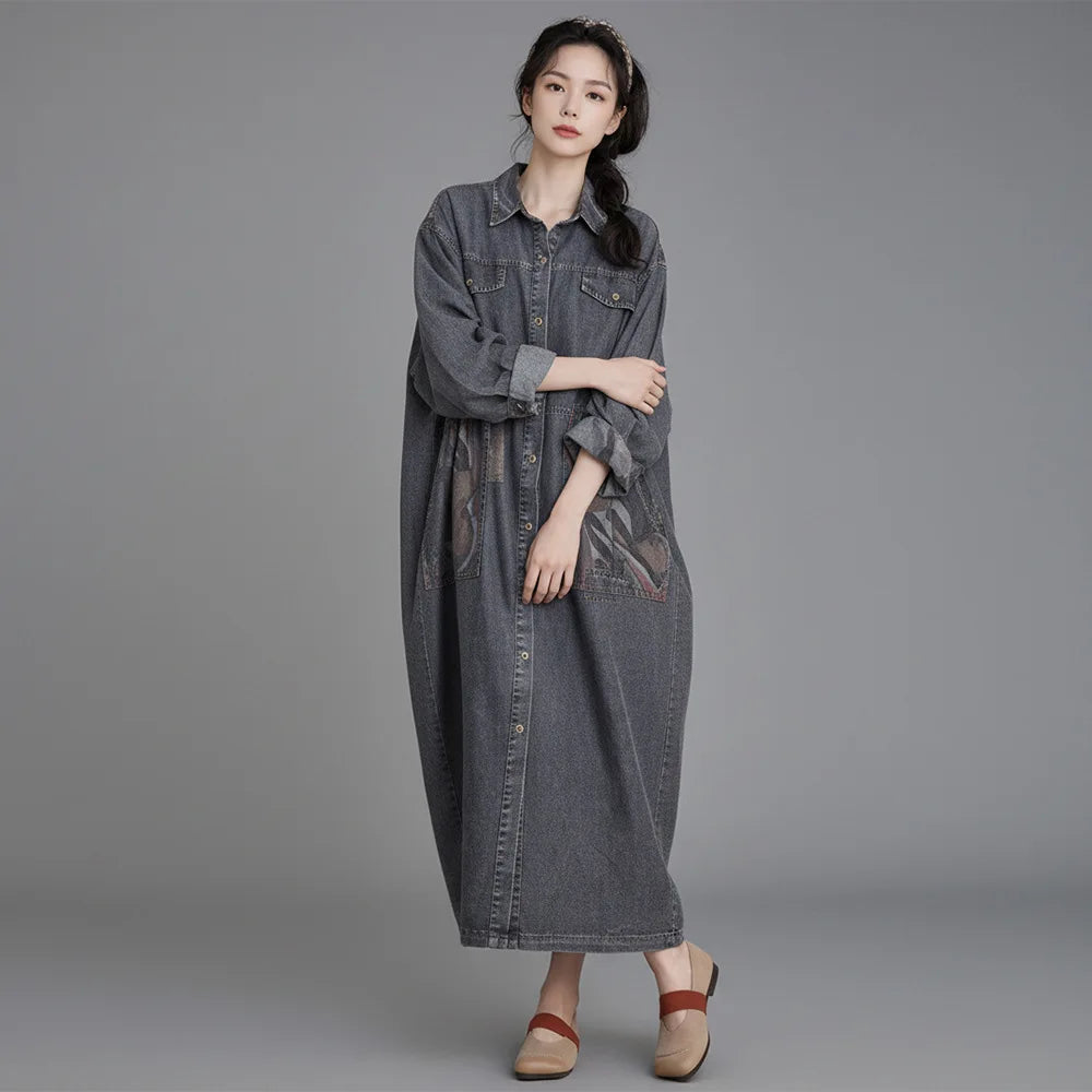Johnature Women Vintage Denim Cotton Dress 2026 Spring New Turn-down Collar Long Sleeve Button Patchwork Pockets A-Line Dress