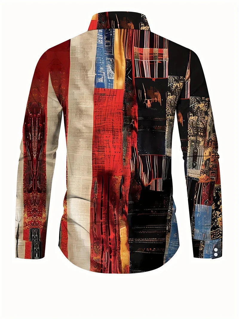 2025 men's printed casual shirt with breathable long sleeves and lead buttons suitable for spring and autumn