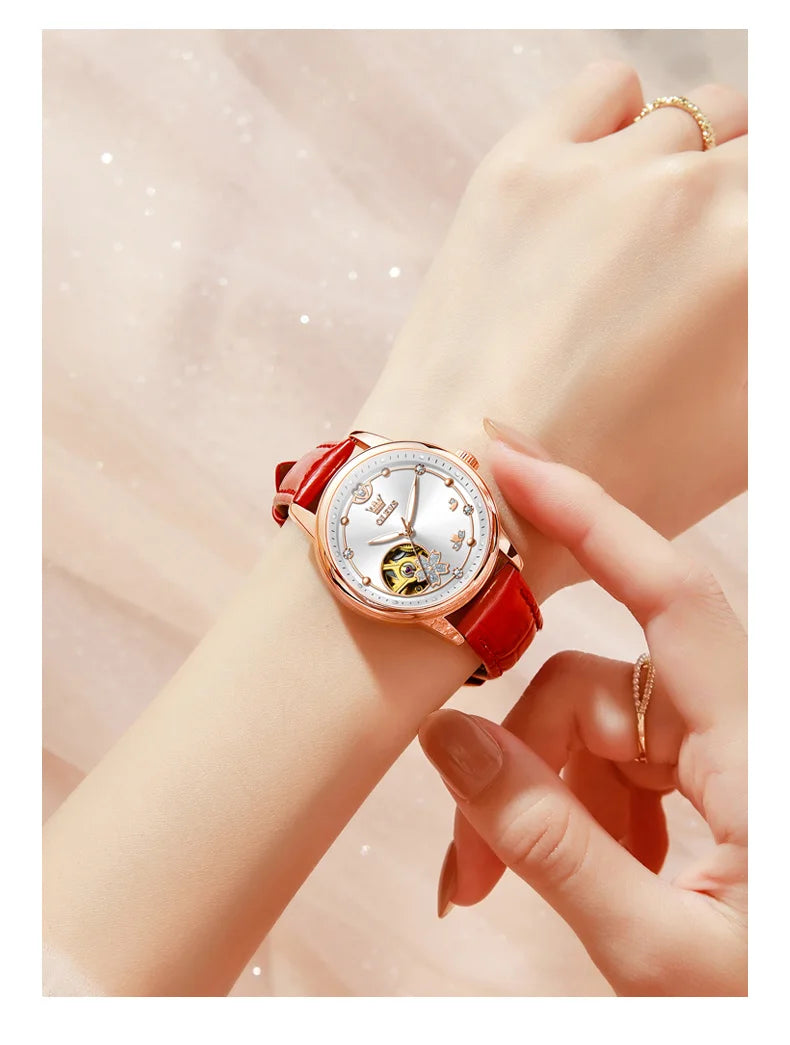 OLEVS 6732 Women's Watches Elegant Rose Gold Stainless Steel Hollowed Diamond Dial Automatic Mechancial Watch Gift Box for Women