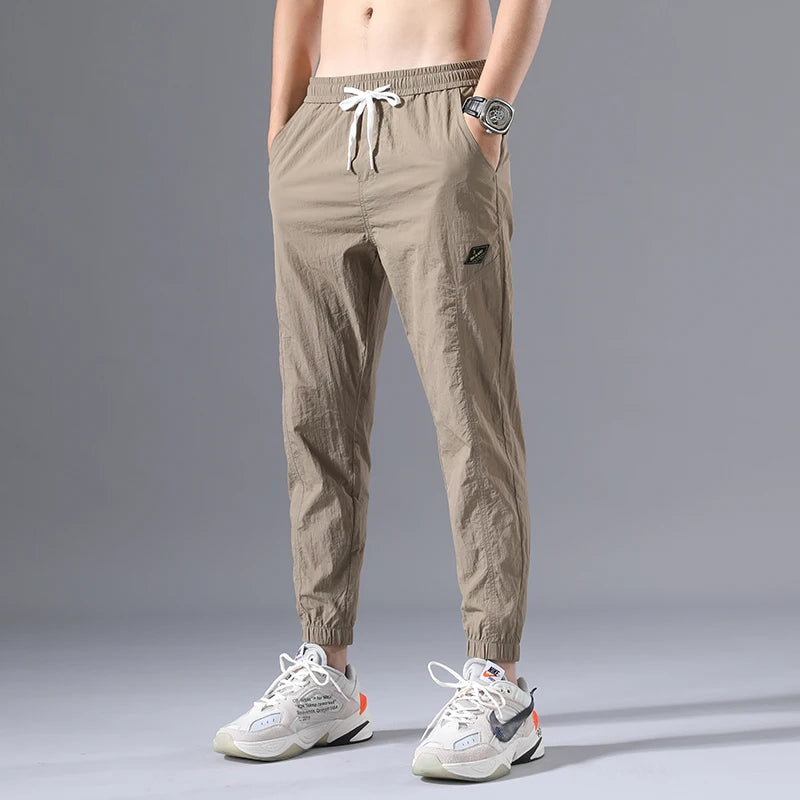 2026 Summer Thin Men's Wrinkled Fabric Loose Tapered Harem Pants Quick-Dry Elastic Cuff Casual Trousers Elastic Waist City Boy