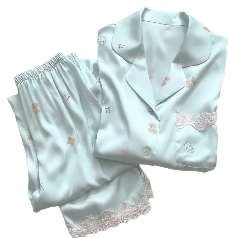 Bear Print Pajamas Women Cool Ice Silk Short Sleeve Pants Loungewear Cardigan Lace Fall and Winter Two-Piece Set Plus Size