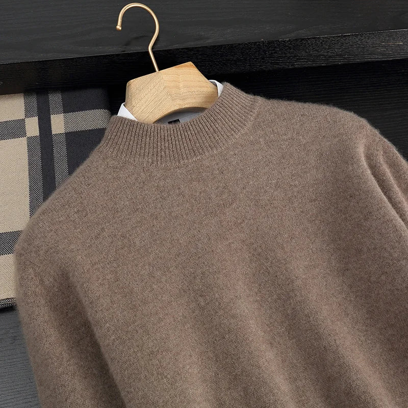 Autumn/Winter Men's 100% Cashmere Pullover Business Casual Solid Knitted Sweater Loose Half High Neck Tops Thick Warm Jumper