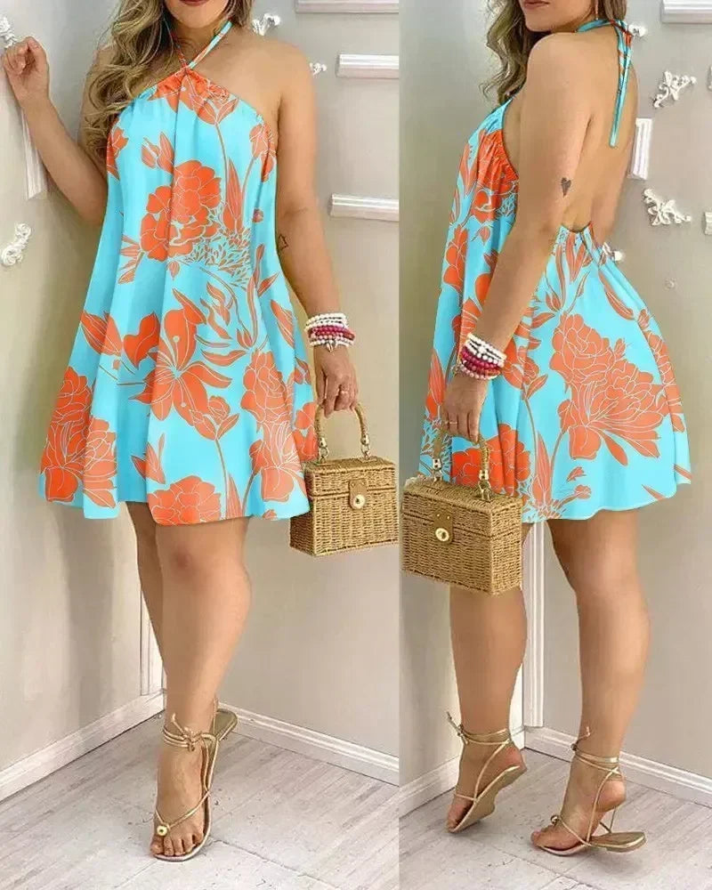 Women Halter Neck Swing Mini Dress Tropical Floral Leaf Print Loose A Line Sleeveless Beach Vacation Dress