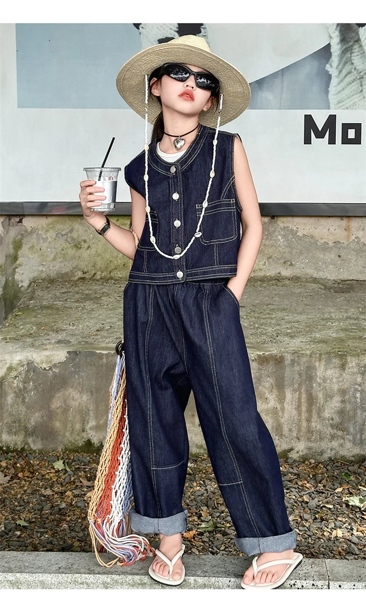 Summer teen Girls Denim Set 2024 Child Sleeveless Cowboy vest+Wide leg pants Two Piece junior kid jeans suit child outfits 10 12