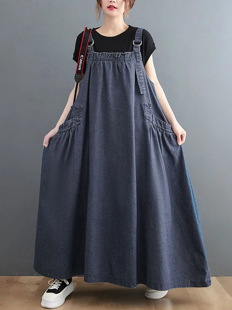 359 Spring Summer New Women Denim Suspender Long Skirt Loose Casual Punk Vintage Style Cargo Female Popular Large Swing Dress
