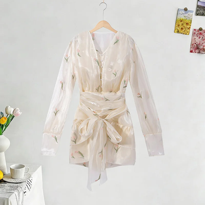 Elegant Printed Women's Dress Long Sleeve V-Neck Ruffle Waist-Closed Lady Mini Dresses 2026 Summer Female Vacation Robe New